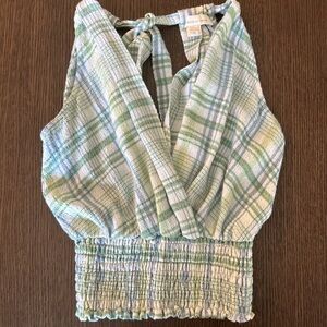 Monteau Green and Blue Plaid Sleeveless Blouse